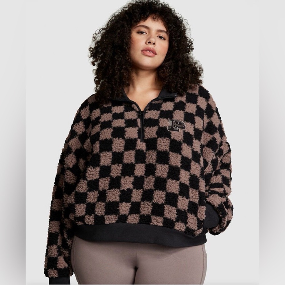 VS PINK Iced Coffee Brown Checker Sherpa Half Zip Sweatshirt (XXL)